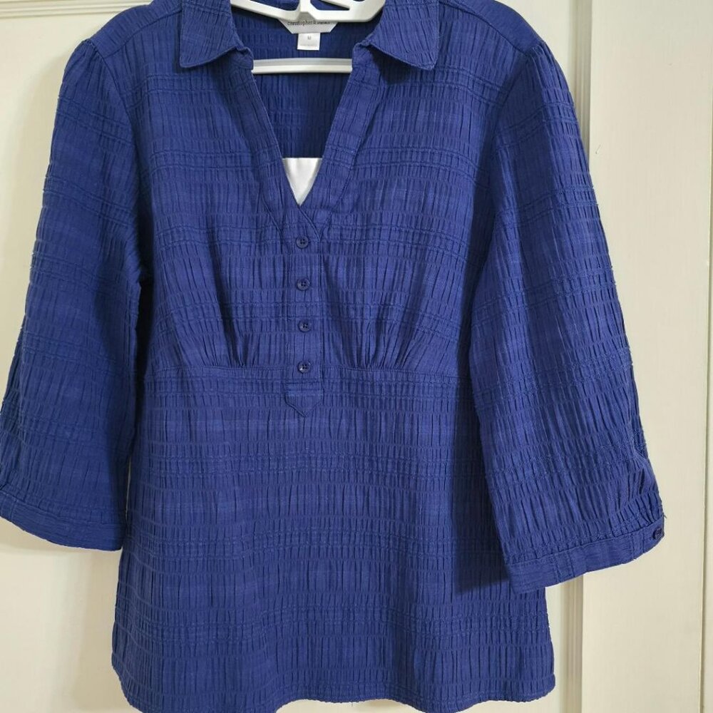 M  Christopher & Banks V-Neck Blouse Royal Blue 3/4 Sleeve Textured Fitted